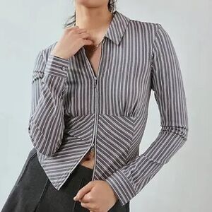 silence + noise Gray Striped Button-Front Collared Crop Shirt
